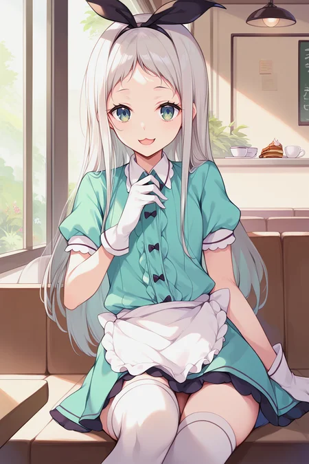 score_9, score_8_up, score_7_up, uncensored, source_anime, <lora:spblendsKanzakiHideriXL:1> hideridef, otoko no ko, hair bow, black hairband, dress, short sleeves, frills, waist apron, frilled apron, skirt, white gloves, white thighhighs, cafe, sitting, open-mouth smile