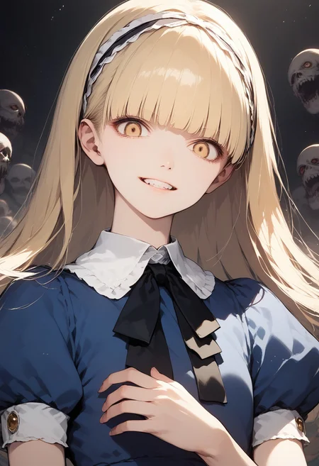score_9, score_8_up, score_7_up, source_anime, best quality, masterpiece,
human, female, solo, indoor, mouth closed, evil grin, evil, creepy, horror,
<lora:zs_AliceXL:1> alicesmt, dress, long hair, blonde hair, hairband, blunt bangs, puffy sleeves, blue dress, yellow eyes,