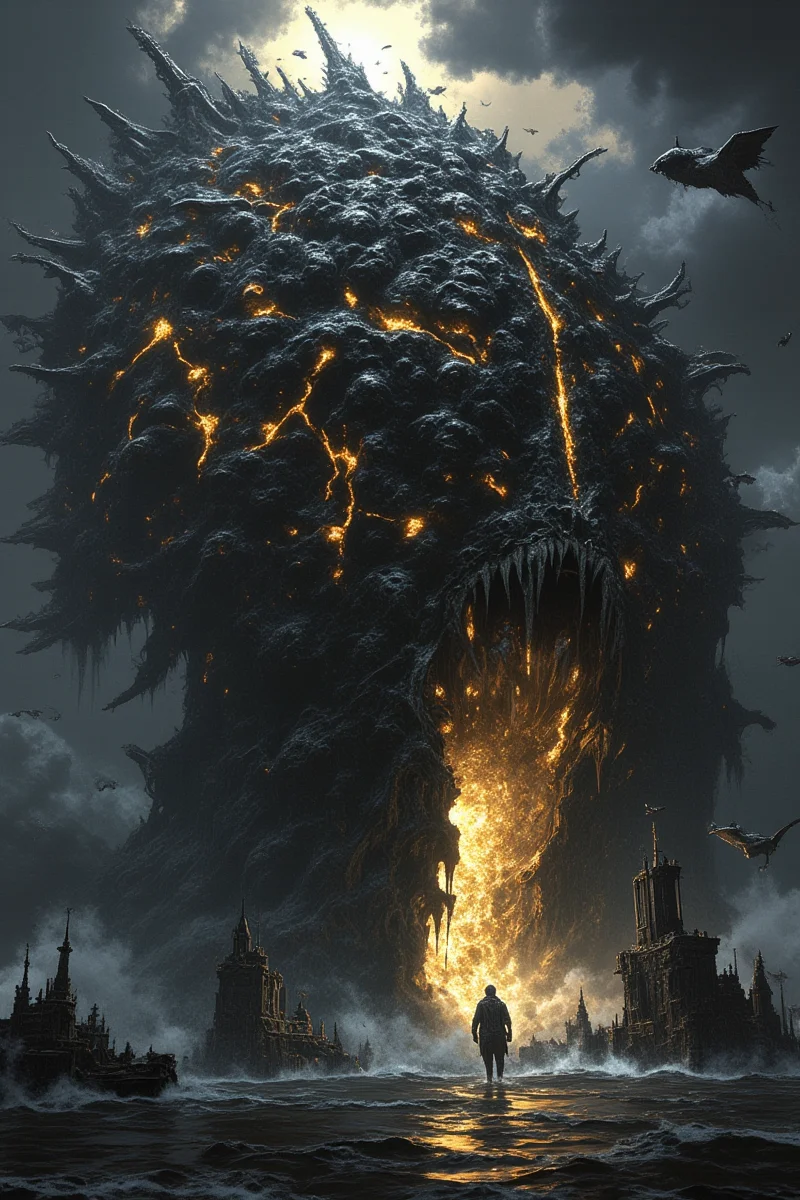 fg,fg,LYSSJ,Lovecraftian Dark Souls creature design,4K matte painting style:,
Abyssal horror emerging from black ocean under dead sun,
Bioluminescent gold veins pulsing through obsidian carapace,
Hundreds of sword fragments embedded in tumorous flesh,
Distorted human faces screaming across its surface,
Landscape:,
Petrified shipwrecks forming jagged metal reef,
Drowned cathedral spires piercing oily waves,
Ghostly procession of armored specters walking into vortex,
Atmosphere:,
Monochromatic palette with only gold/black/ivory,
Water reflection distortion effect,
Flying leviathan shadows in storm clouds,