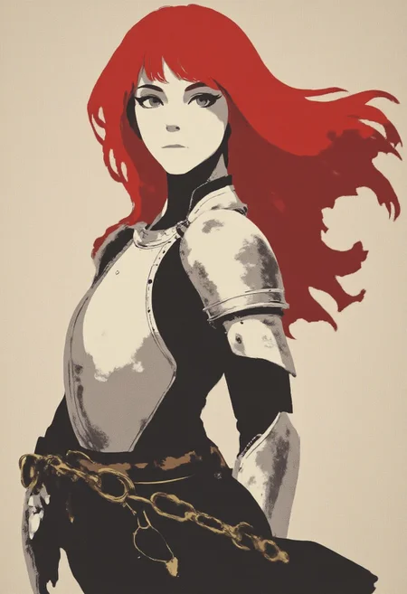 ArsMJStyle, Minimalist Vector Art of a Frank Frazetta fantasy oil painting young woman with bright red hair blowing in the wind, wearing chainmail armor
