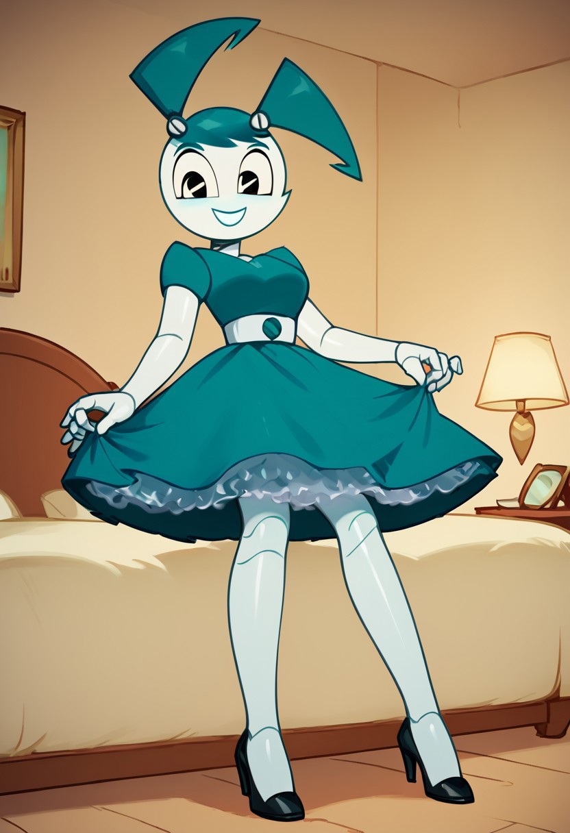 (Masterpiece, best quality:1.2), score_9, score_8_up, flat color, flat shading, soft shading, lighting, Jenny Wakeman as an adult, in a 1950's full length formal blue skirt, a white belt, button down v-neck formal black top, a fluffy frilly ruffled full white petticoat, and black high heels, dress, layered petticoat, frilly petticoat, fluffy petticoat, full petticoat, detailed petticoat ((wide skirt, detailed outfit, flowing skirt, long skirt, solid blue colored skirt, black high heels)), blue hair, series accurate, cute, best high quality, high res, robot, humanoid robot, medium breasts, whole body shot, 1girl, ((solo, inside, in a romantic bedroom, sitting on the bed, sitting, bent knees, looking at you, low angle)), cute, seductive, seductive smile, half lidded eyes, low angle shot, cartoon, cartoon style, vector, solo, circle dress, 1950s, whisperfoot_style, dance dress jenny, jenny wakeman, 1girl, solo, robot joints, black eyes, white skin, ponytail, hair bow, blue rose chest corsage, poofy dress, blue hair, flat lighting