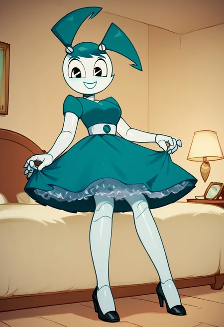 (Masterpiece, best quality:1.2), score_9, score_8_up, flat color, flat shading, soft shading, lighting, Jenny Wakeman as an adult, in a 1950's full length formal blue skirt, a white belt, button down v-neck formal black top, a fluffy frilly ruffled full white petticoat, and black high heels, dress, layered petticoat, frilly petticoat, fluffy petticoat, full petticoat, detailed petticoat ((wide skirt, detailed outfit, flowing skirt, long skirt, solid blue colored skirt, black high heels)), blue hair, series accurate, cute, best high quality, high res, robot, humanoid robot, medium breasts, whole body shot, 1girl, ((solo, inside, in a romantic bedroom, sitting on the bed, sitting, bent knees, looking at you, low angle)), cute, seductive, seductive smile, half lidded eyes, low angle shot, cartoon, cartoon style, vector, solo, circle dress, 1950s, whisperfoot_style, dance dress jenny, jenny wakeman, 1girl, solo, robot joints, black eyes, white skin, ponytail, hair bow, blue rose chest corsage, poofy dress, blue hair, flat lighting