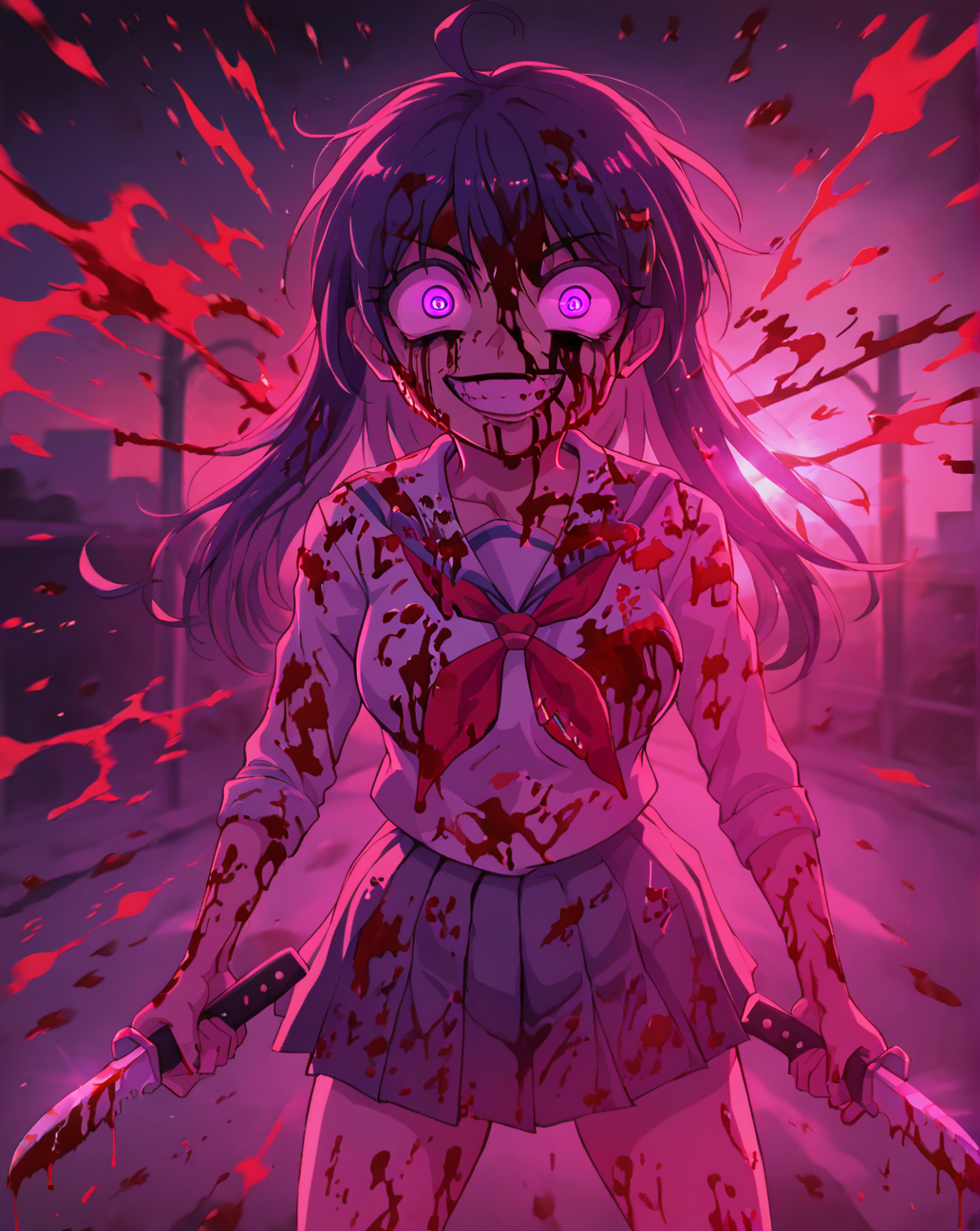 1girl, solo, school uniform, sailor collar, neckerchief, crazy eyes, crazy smile, blood on face, blood on clothes, blood splatter, looking at viewer, dark, night, backlighting, holding knife, <lora:mgcm:0.8>