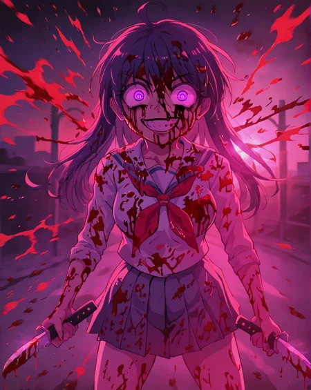 1girl, solo, school uniform, sailor collar, neckerchief, crazy eyes, crazy smile, blood on face, blood on clothes, blood splatter, looking at viewer, dark, night, backlighting, holding knife, <lora:mgcm:0.8>