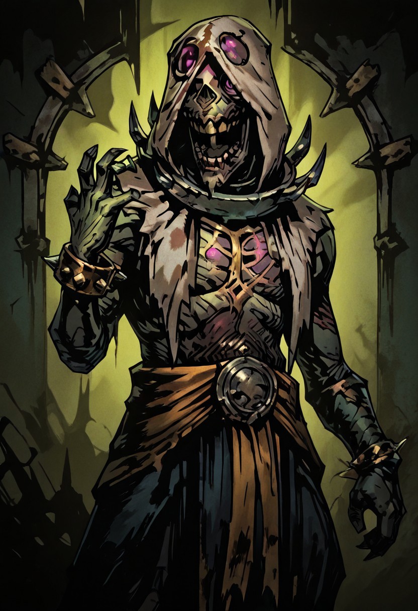 masterpiece, best quality, newest, absurdres, highres,  TTCSV1.0,
1boy, DDFLA-V1.1, collar, spiked collar, hood, scar, sash, spikes, undead, zombie, hood, hood up, teeth, bracelet,