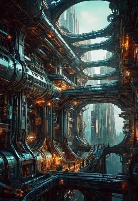 Visualize a futuristic tube, symbolizing online community in the style of incorporate elements that evoke a sense of magic, building with a large spaceship complex, elegant, expansive, fantastical, film photography style, heavy grain