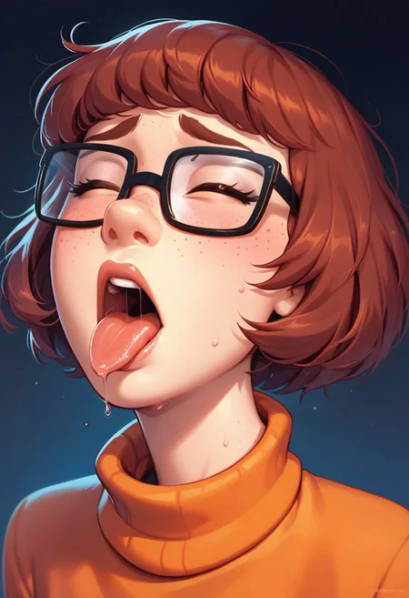 score_9, score_8_up, score_7_up, score_6_up, score_5_up, score_4_up, 1girl, Velma dinkley, square glasses with blue lenses, freckles, messy bob cut, blushing, sweat, close up of face looking up out of panel, eyes slightly closed, drool, mouth open with tongue out, dark background, orange turtleneck