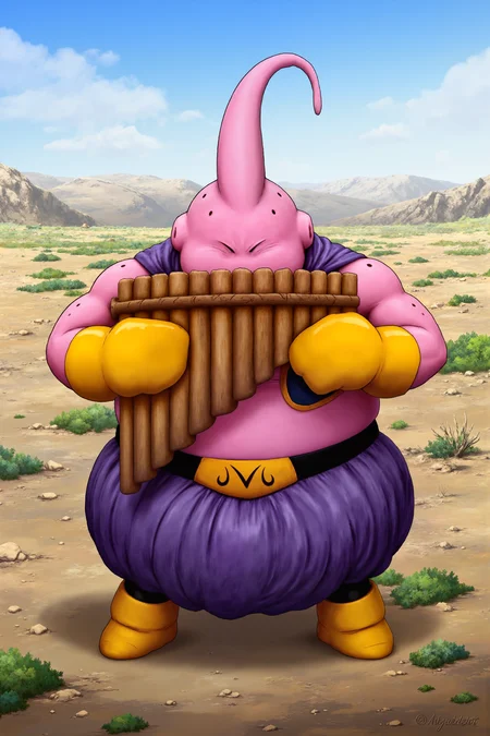 Maj!nBuu, on a plains. Majin Buu in yellow gloves plays wooden panflute. , detailed background Fantastic lighting. Detailed shadows.intricate details, vivid colors, hyper-detailed, ultra-sharp, <lora:PANFLUTE_FLUX><lora:FAT_MAJIN_BUU_DBZ_FLUX>
