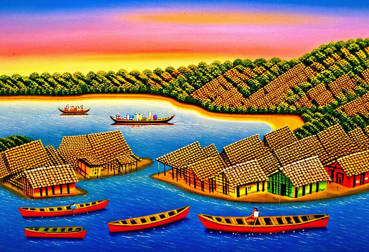 fishing village on a river, sunset, many canoes in the water, (Nicaragua Primitivism)