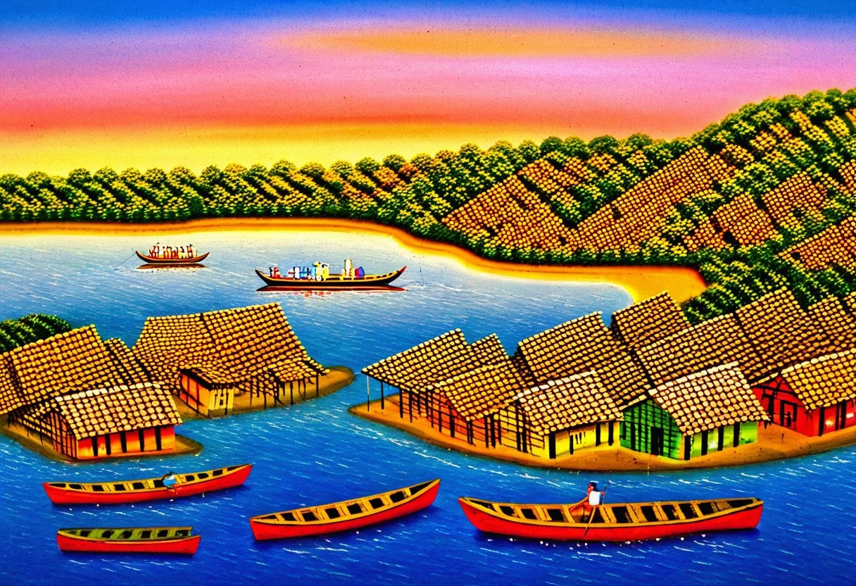 fishing village on a river, sunset, many canoes in the water, (Nicaragua Primitivism)