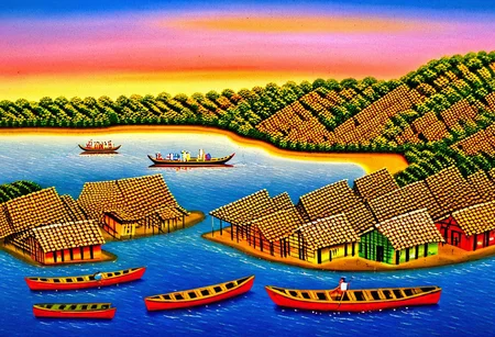 fishing village on a river, sunset, many canoes in the water, (Nicaragua Primitivism)