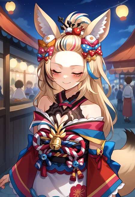 score_9, score_8_up, source_anime, 1girl, solo, PolkaNewYears, streaked hair, fox ears, facial mark, long hair, bangs pinned back, hair bow, kimono, off-shoulder, sash, frills, long sleeves, wide sleeves, bell, fishnet thighhighs, fox tail, smile, closed eyes, blush, outdoors, festival, night, food stalls, <lora:ChamOmaruPolkaPonyXL:1>
