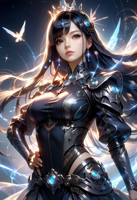 safe_pos, score_9, score_8_up, score_7_up, source_anime,
1girl,
black eyes,
black hair, long hair, bangs, princess cut, hairpin,
large breasts,
hand on hip,
glowing, sci-fi, cyberspace,
dutch angle,