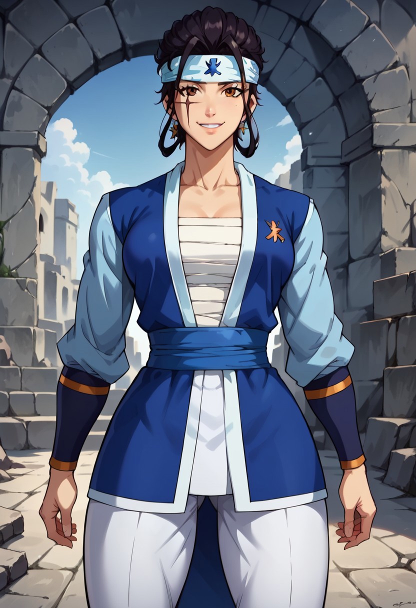MelkTRK, 1girl, solo, pale-skinned girl, muscular frame, beautiful girl, black hair, hair ornament, hair bun, headband, brown eyes, scar on face, sarashi, jacket, white pants, sash, belt, black boots, cross-shaped scar,
seductive pose, sexy pose, tease,  in the spotlight,smile, ruins,
score_9, score_8_up, score_7_up, beautiful aesthetic, very intricate, high quality details,vibrant, highly detailed, award-winning, professional,anime artwork, anime style, studio anime, athletic, curvy body, athletic girl, perky tits,large breast,perfect tits, round breasts, nipple outline,looking at viewer, pinup pose,teasing, dynamic lighting, cinematic, smug, better than you, aura of temptation, highly detailed, high resolution, masterpiece, detailed clother, detailed background, highly detailed, ((sound effects)) comic layout,