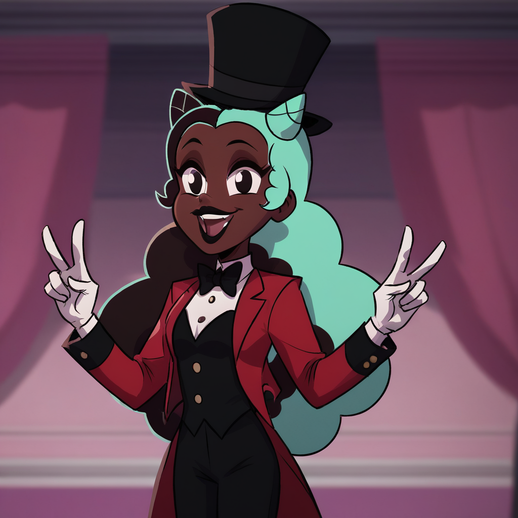 score_9_up, score_8_up, BREAK, PiperStubbs, 1girl, solo, dark skin, multicolored hair, long hair, hair horns, black eyes, black lipstick, top hat, black bowtie, red suit, vest, white gloves, black pants, party outfit, party  wedding outfit, outfit2, cowboy shot, double v,  <lora:PiperStubbs_PXL_Leaf1:1>