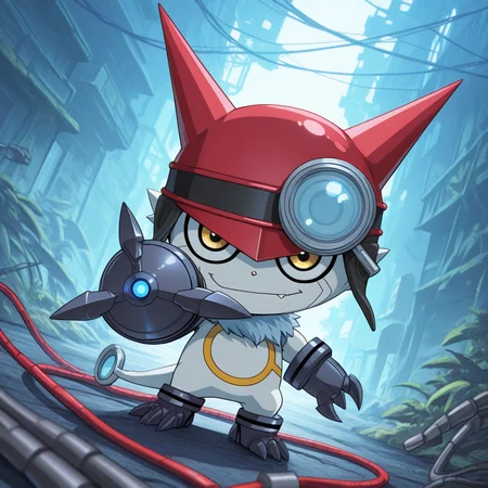 masterpiece, best quality, <lora:gatchmon-v1-000012:1> d-gatchmon, 1other, chibi, digimon \(creature\), gatchmon, aiming at viewer, smirk, glowing, cable, wire back , 3digits, dutch angle, outdoors, digital