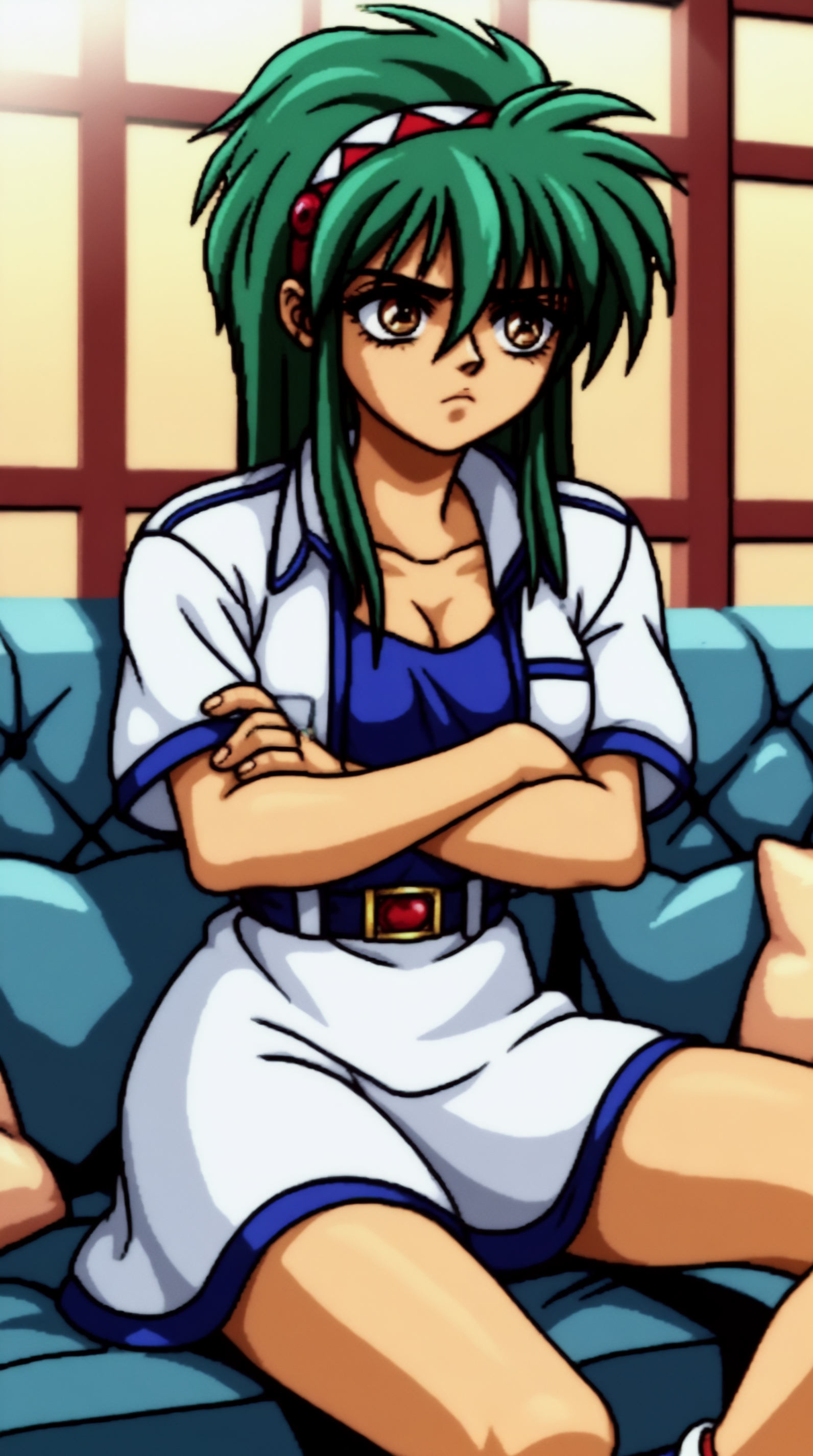 score_9, score_8_up, score_7_up,anime_source, source_anime, best background, detailed background, anime screencap, 4k, upscale,  Annet Futatabi, Main Outfit, solo, sofa, sitting, legs apart, bored, crossed arms,  <lora:JN_Annet_Futatabi_Pony:0.8>