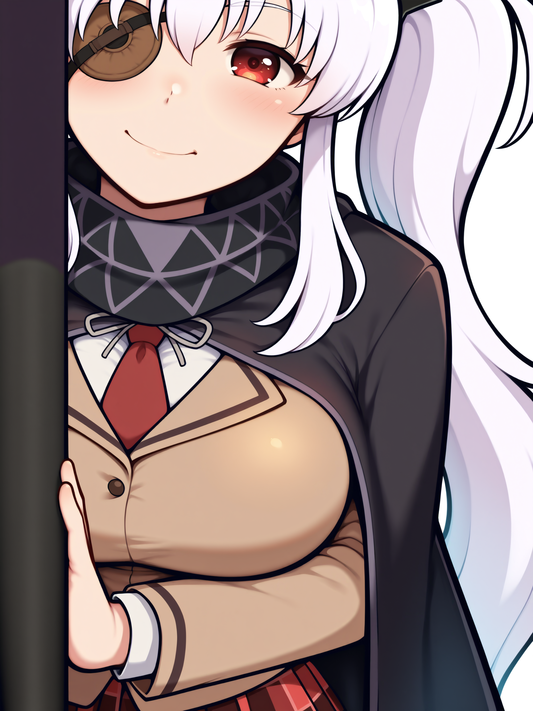 masterpiece, best quality, amazing quality, by asukaln
(solo:1.4), Yagyu_IL, red eye, eyepatch, white hair, long hair, twintails, shuriken hair clips, black hair clips, large breasts, Yagyu_shinobi, brown jacket, white shirt, red necktie, black cape, scarf with triangular patterns, plaid pleated skirt, black kneehighs, brown loafers
Yagyu_umbrella, japanese umbrella, red brown umbrella, oil-paper umbrella, parasol, (closed umbrella:1.3), looking at viewer, snarl, angry, fighting, flowing hair, flying hair, from below, crouched, holding umbrella, umbrella raised pose, back lighting, dark, multicolored background, blurred background, bright, multicolored, bright colors of paint, lots of multicolored rainbow light, focus on the face, lots of soft light, soft colors
<lora:Mystyle_SDXL_LoCon_DORA_v2:1>
<lora:SK_Yagyu_IL:0.8>