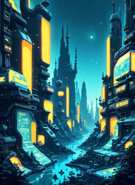 comic strip art, sci-fi environments, surreal cybrk, fluid distortion, papercut The canvas was a riot of colors, with bold brushstrokes depicting a chaotic cityscape. Neon hues clashed and merged, creating a sense of movement and energy. The artistâs vision of a cyberpunk world came to life in vivid, abstract forms., highly detailed, Middle Aged, Candle light, Turquoise, eerie, pristine, apocalyptic  <lora:cybrk-knight:.5> <lora:art-v5:.4> <lora:Sci-fi_Environments_V2-SDXL:.7>