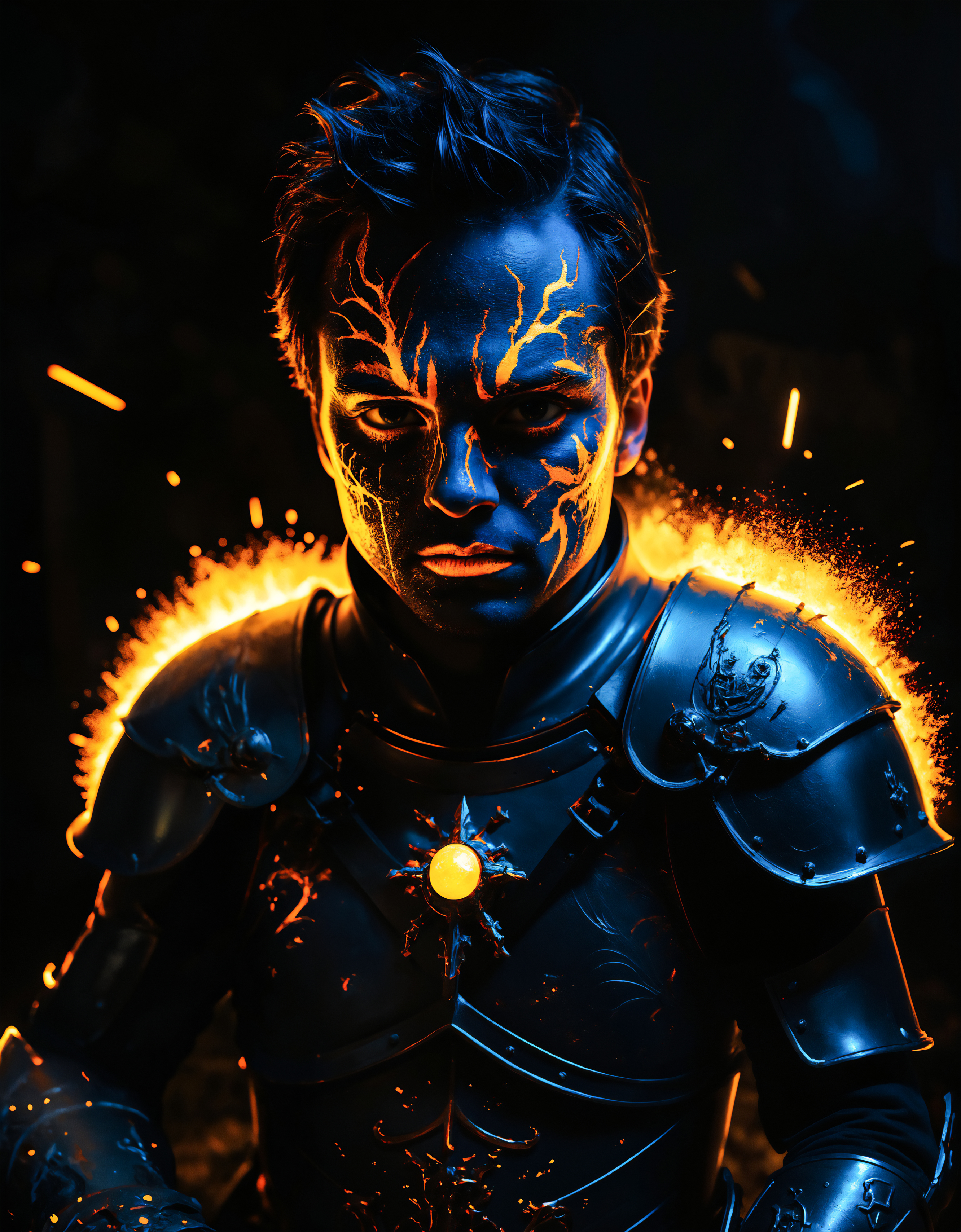 zavy-flrscnc, fluorescent, glowing dust, fluorescent dust, fluorescent spraypaint, fluorescent grain, dust, cinematic film still of a glowing medieval knight emitting sparks and electricity, dark blue and yellow, glowing eyes,