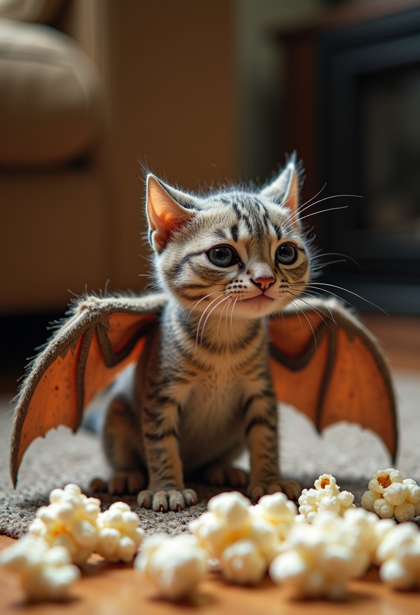 Capture a hyper-realistic photograph of a delicate yet powerful creature, a cat with the scales like a gecko, combined with fuzzy bat wings. The cat's body is small and covered in reptilian scales, its back is adorned with large, fuzzy bat wings. The scene is set in a typical family living room floor where popcorn is being eaten and scavenged by the creature, its wings gently fluttering happily.