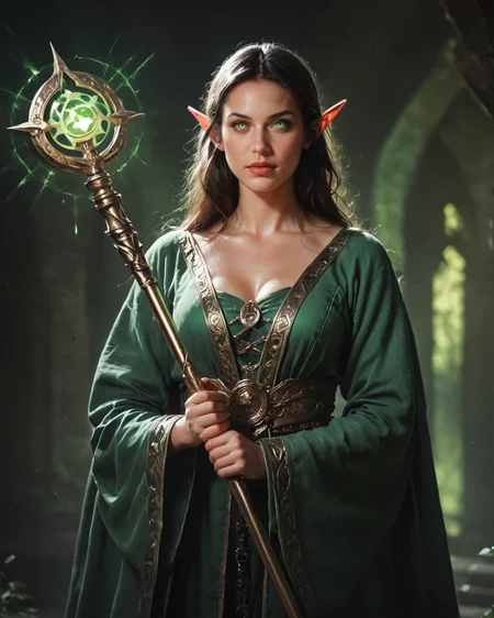 score_9, score_8_up, score_7_up, zPDXL, Cinematic shot of a high elf archmage wearing a green robe, holding green glowing staff by the handle, reflective light, HD, masterpiece, ultra detailed, super realisticrealistic, realism, highly detailed, perfect quality, high quality, photorealistic,,<lora:Expressive_H-000001:0.8>,,<lora:Concept Art Twilight Style SDXL_LoRA_Pony Diffusion V6 XL:0.8>,,<lora:sinfully_stylish_SDXL>,