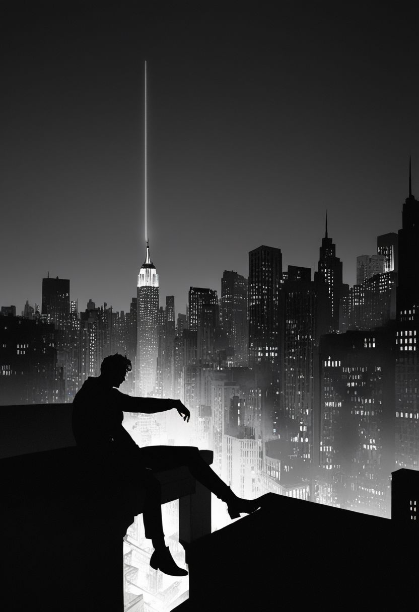 (best quality, masterpiece, colorful, dynamic angle, highest detailed)  
 Superman sitting on the roof looking at the city New York, feel the daggers in the dark, depression, alone, monochrome, pop of colors, extremely detailed, paranoid, mood, you make me feel fucking sad