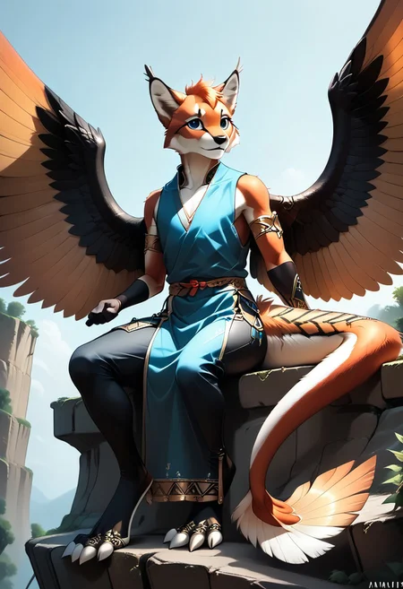 1person, Palagiri, anthro, feline features, feline nose, ((2 wings)), ((armless, no arms)):1.2, no hands, wings only, perfect wings,
Sitting, sitting on cliff edge,
3/4 view, dutch angle, perfect wings, prehensile wings, ((prehensile toes, long toes)), ((feathers-tipped tail, fanned tail-tip, tapering-tip tail)),
digitigrade legs, pelvic curtain tunic,
((Feet focus, detailed toes)),
Source: anime, score: 9, score: 8up,
