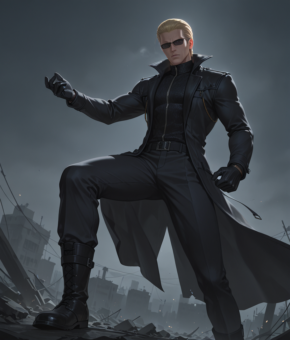 PonyScores7, source_anime, ah1
BREAK <lora:albertwesker-guy-PONYv1:0.8> albertwesker, albert wesker, 1boy, blonde, black gloves, (sunglasses:1.3), belt, black coat, black pants, looking at viewer, toned, athletic, fit, slicked back hair, black turtleneck, zipper, mature male, short hair, black boots, (tyrannical autocrat, imposing with a military uniform and a decree of oppression), (in the cursed lands, in skeletal-ruins , at dusk), (focused, intense glare, apathetic, contemptuous), (reddish orange eyes, slit pupils), (angular face, sharp_featured face), handsome, charming, alluring
BREAK <lora:xl_more_art-full_v1:0.2>, <lora:shinyskin2:0.2> glistening skin, <lora:aesthetic_anime_v1s:0.2>, <lora:Expressive_H:0.2> Expressiveh, <lora:hairdetailpxl:0.2> hairdetailpxl, <lora:EpicF4nta5yXL:0.2>, <lora:detailxl:0.2> detailxl, <lora:Fant5yP0ny:0.2>, best quality, amazing quality, best aesthetic, absurdres, <lora:expressive eyes:0.2> expressive eyes, <lora:eyedetailpxl:0.2> eyedetailpxl, illustration, Volumetric_Lighting, ultra-detailed, very aesthetic, intricate details, 8k, masterpiece, best_quality
BREAK (Eye-level angle view medium Distance shot)
BREAK <lora:Eyes_High_Definition:0.3> EyesHD, Stable_Yogis_PDXL_Positives, AS-Adult, <lora:Complicated fantasy portrait - XL Pony V2.0:0.4>, bad-hands-5, AS-MidAged, <lora:HDA_Detailer:0.2>