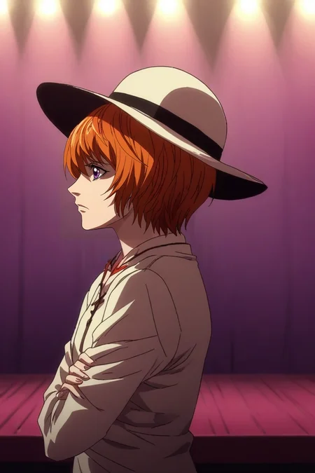zPDXL, score_9, score_8_up, score_7_up, rating_safe, intricate details, , depth of field, 1girl, amethyst eyes, orange hair, pixie bob, , workwear, wide brim hat, solo, profile, concert, stage, stage lights, idol, light, arms under breasts, sad, <lora:death_note_style_pony:1.22>, death_note_style, , <lora:sdxl_lightning_8step_lora:1>