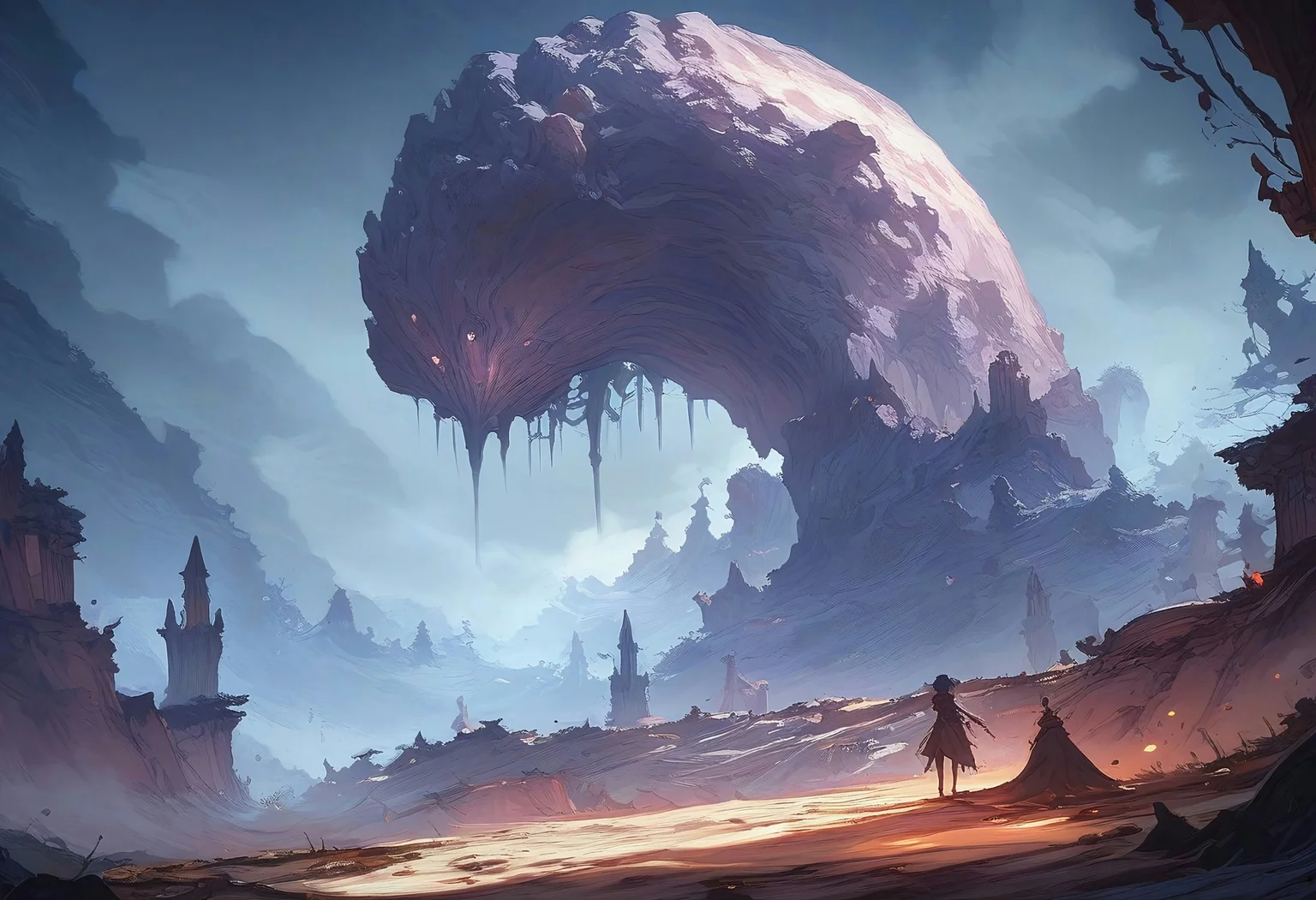 score_9, score_8_up, score_7_up, 1girl, Dixit Card Generator page, dark fantasy landscape, (Framed with shades of deep brown and light violet), ArsMJStyle, by advntr, dreamy, foggy morning, godray