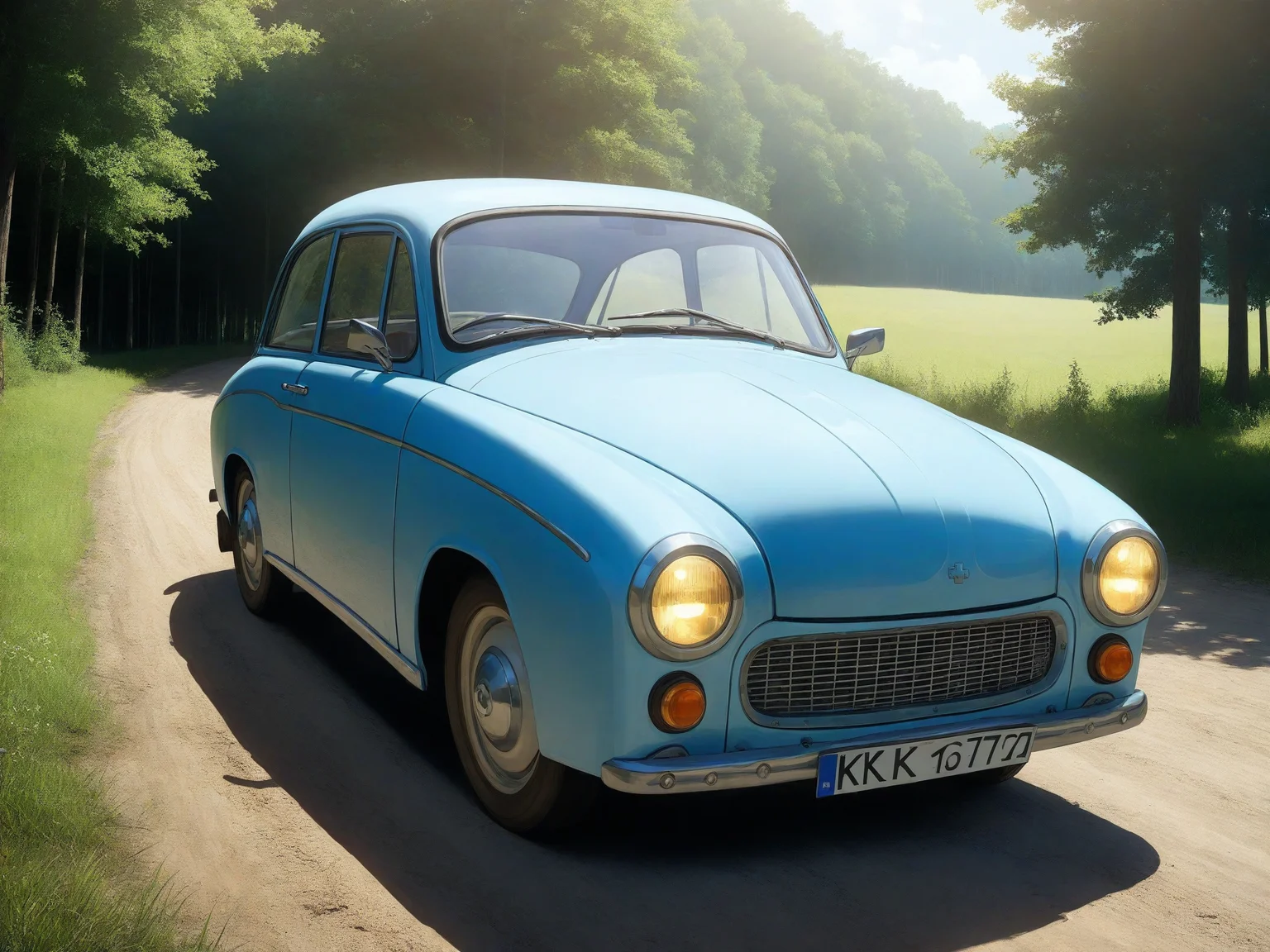professional 3d model cinematic film still breathtaking anime artwork light blue 60s polish compact car, driving along a dirt road in the middle of the forest on a sunny day, dust coming from under the wheels, trees and delicate summer clouds in the background epic still shoot <lora:add-detail-xl:1> <lora:60s polish compact car:1> . anime style, key visual, vibrant, studio anime, highly detailed . award-winning, professional, highly detailed . shallow depth of field, vignette, highly detailed, high budget Hollywood movie, bokeh, cinemascope, moody, epic, gorgeous, film grain, grainy . octane render, highly detailed, volumetric, dramatic lighting
