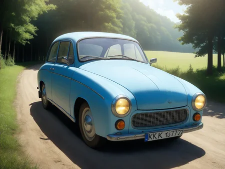 professional 3d model cinematic film still breathtaking anime artwork light blue 60s polish compact car, driving along a dirt road in the middle of the forest on a sunny day, dust coming from under the wheels, trees and delicate summer clouds in the background epic still shoot <lora:add-detail-xl:1> <lora:60s polish compact car:1> . anime style, key visual, vibrant, studio anime, highly detailed . award-winning, professional, highly detailed . shallow depth of field, vignette, highly detailed, high budget Hollywood movie, bokeh, cinemascope, moody, epic, gorgeous, film grain, grainy . octane render, highly detailed, volumetric, dramatic lighting