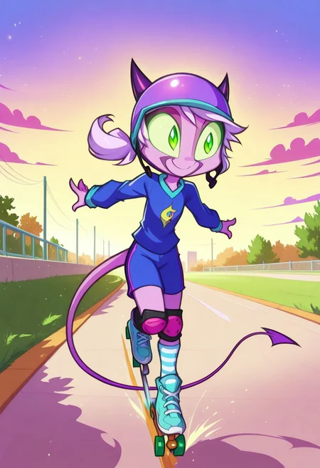 Dreamkeepers,1girl,Prelude_Namah,solo,demon tail, green eyes, horns,
child, kid,
roller_skates, park_path, helmet, knee_pads, smile, movement, sunset, outdoor, windblown_hair, striped_socks, sneakers, determination, roller skating on a park path at sunset