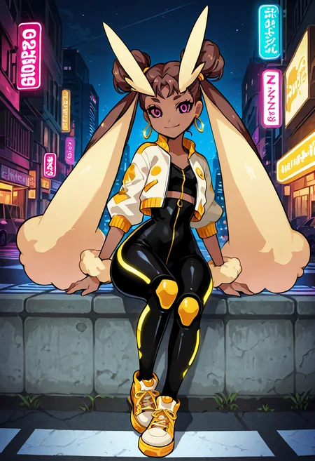 masterpiece, best quality, no humans, smile, looking at viewer, narrow waist, wide hips, sitting,    [Neo-Tokyo Street Pulse], zzLopunny, long brown hair, twin buns, caramel skin, tall and slender, 1girl, solo, cropped bomber jacket, metallic leggings, chunky sneakers, hoop earrings, neon street signs, urban crosswalk, night cityscape â zzLopunny waits at a glowing crosswalk in Neo-Tokyo, her cropped bomber jacket zipped halfway over a mesh top, metallic leggings shimmering beneath buzzing neon signs. Her twin buns bounce with attitude as she scrolls through her phone, the city's electric heartbeat reflected in her glossy sneakers and gold hoops.     <lora:LopunnyPokedex_IXL:1.0>,  C0utur3Cr4z3, <lora:CoutureCraze_IXL:0.6>,