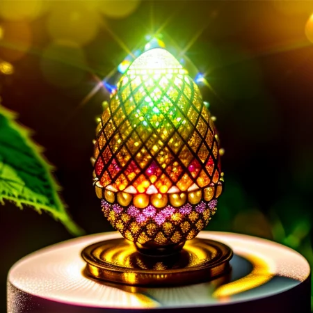 <lora:glassSculptures_v20CompletelyRedone:0.7> Photography of Faberg Egg on a plinth made with a complex stained glass effect depicting a white rabbit, intricate elaborate golden Filigree design with stained glass effects, amazingly detailed stunning background of sparkling rainbow coloured fairy light, bokeh, a bleached white insect alien with gold eyes and dressed in elaborate clothing with a group of aliens like people standing in a forest of leaves and flowers by Filip Hodas, Richard Doyle, Nicolas Delort, Amandine Van Ray, beeple, Giger, Durer, Ellen Jewett, Naoto Hattori Terada Katsuya. bokeh, depth of field, oversaturated TRANSLUCENT lighting, dark background, concept art, digital art, highly detailed, intricate, sharp focus, trending on artstation
