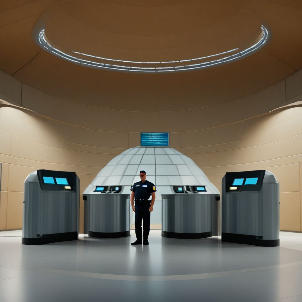 security checkpoint a man standing in a futuristic looking room security checkpoint background