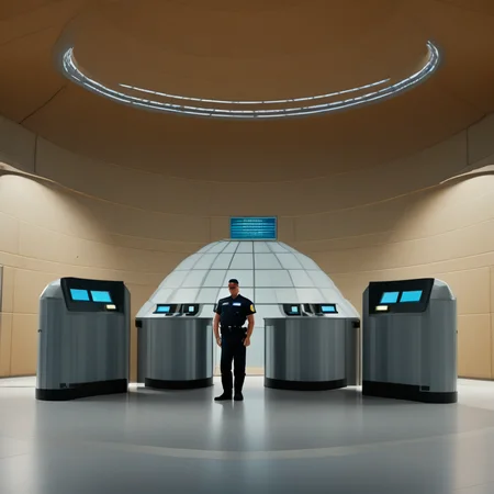 security checkpoint a man standing in a futuristic looking room security checkpoint background