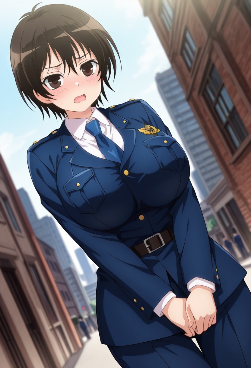 general,highres, ultra-detailed,very aesthetic,best quality ,best hands,best eyes,easynegative,
dynamic anglre, dutch angle, anime cloring,
1girl solo,looking at viewer,city,embarrassed, open mouth, 
Saki Asamiya,black_hair, short_hair, brown_eyes, huge_breasts,police uniform,