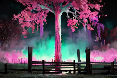 (otherworldly), highly insanely detailed, masterpiece, top quality, best quality, highres, 4k, 8k, RAW photo, (very aesthetic, beautiful and aesthetic), farm, fields, barn, fence, fantfa, <lora:FantasyFarm-10:0.6>, 
1girl, 
(navy blue hair,dark red hair,multicolored hair ), 
(a colorful background,neon color,solid color,solid color background,multicolored background,gradient background),âââ