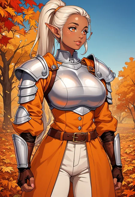 score_9, score_8_up, score_7_up, score_6_up, score_5_up, score_4_up, ANIMEShader, beautiful elven woman, (dark skin:1.3), long white hair in a ponytail, small cute button nose, soft round chin, detailed orange eyes, bright orange eyes, high definition eyes, detailed eyes, elf ears, huge breasts, orange dress, long sleeves, armor, shoulder pads, breastplate, belt, fingerless gloves, white pants, brown boots, autumn, blue sky,