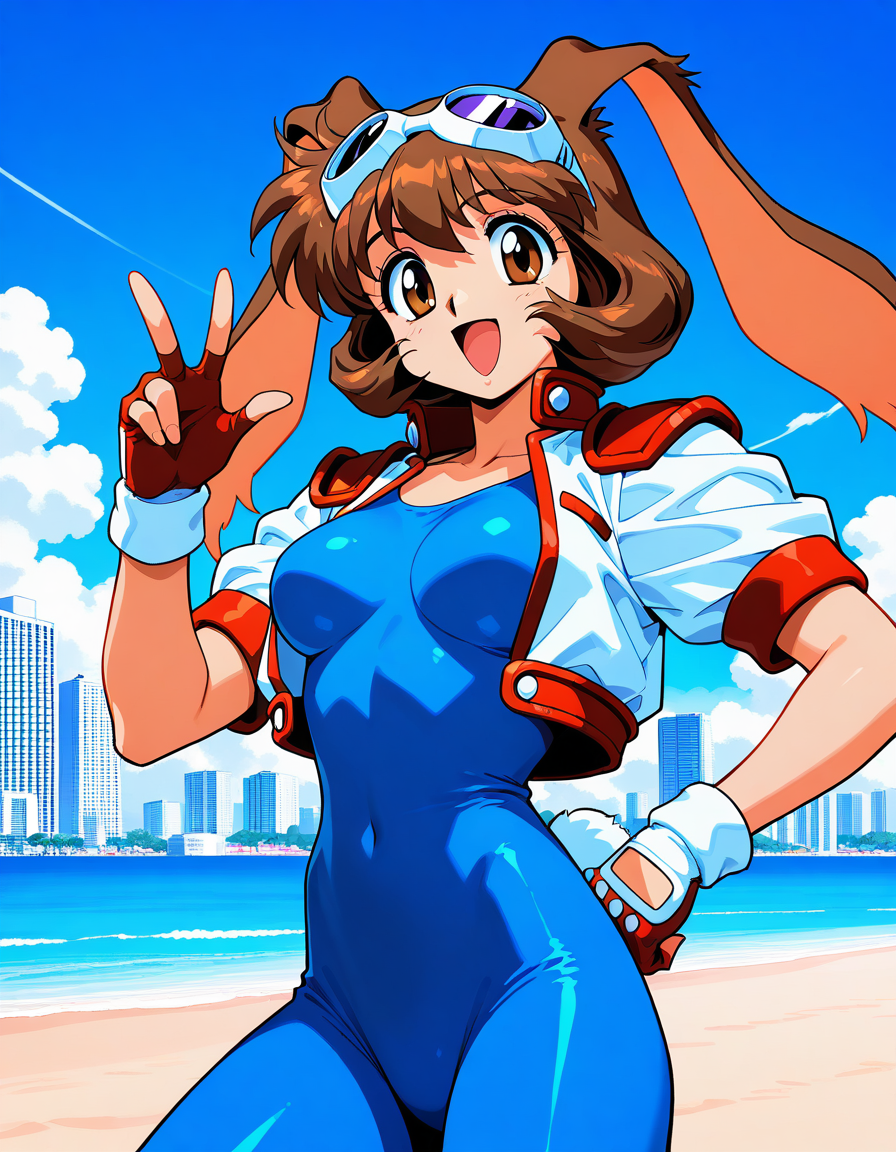 masterpiece, best quality, good quality, <lora:Makihara_Arina_IS:1>Makihara_Arina, brown hair, animal ears, goggles on head, rabbit ears, brown eyes,   medium breasts,
1girl, solo, cropped jacket, gloves, fingerless gloves, smile, hand on hip,
open mouth, blue bodysuit, 1990s (style), bodysuit, jacket, 
looking at viewer, :d, cowboy shot
blue sky, beach, building, clouds,