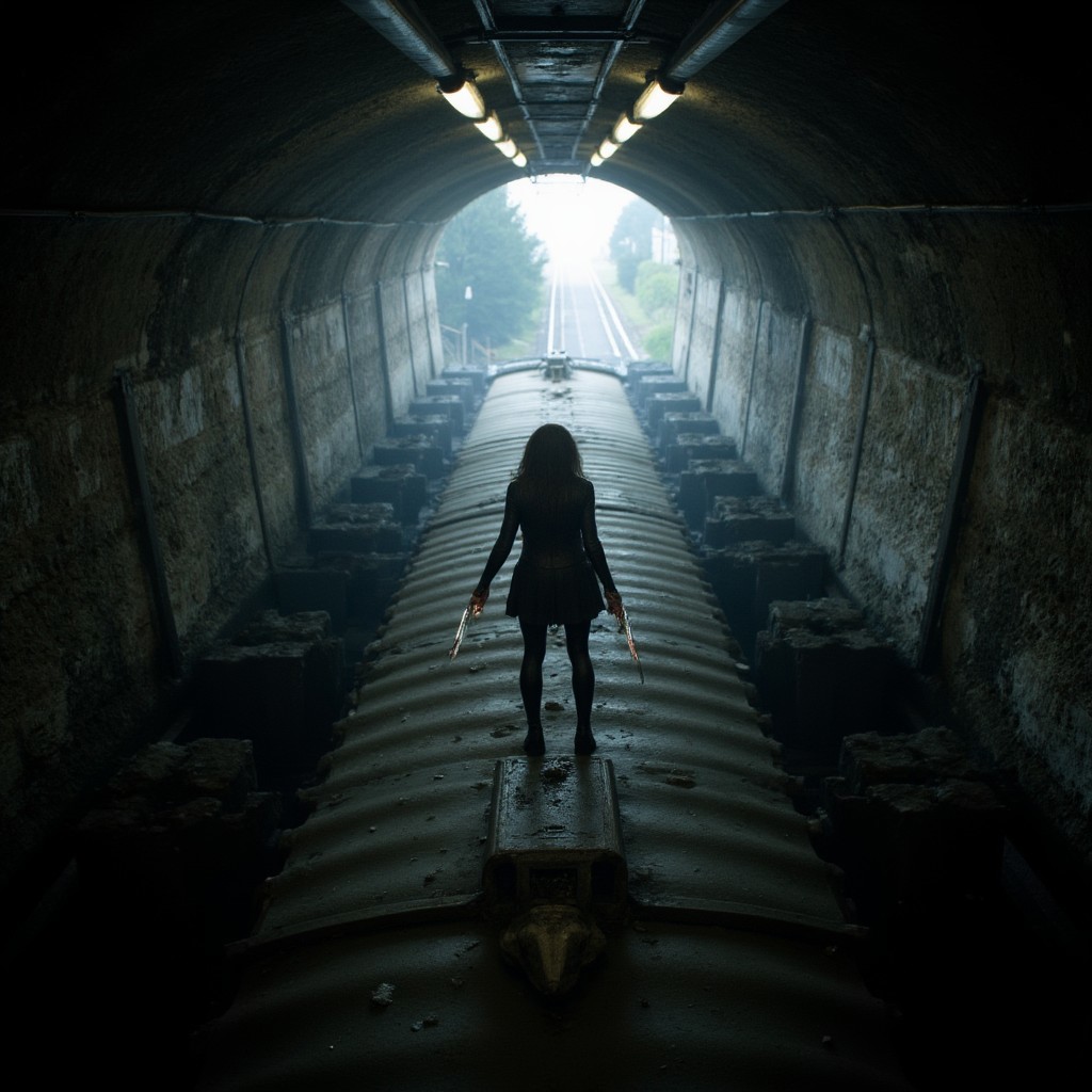 Selene the Deathbringer is shooting silver bullets at attacking Lycan werewolves while fighting on the roof of a subway wagon driving through a tunnel. the light is hazy and bright in the dark claustrophobic tunnel, giving an eerie and suspendful scene