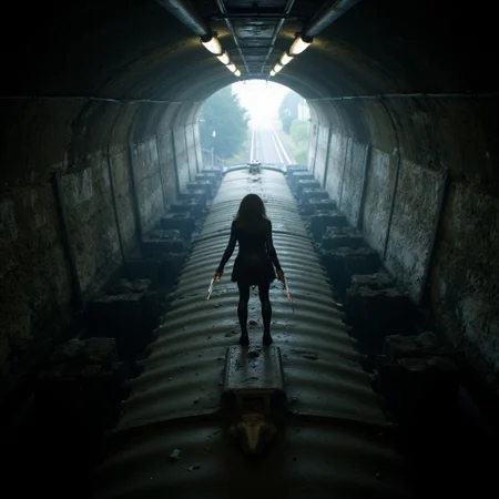 Selene the Deathbringer is shooting silver bullets at attacking Lycan werewolves while fighting on the roof of a subway wagon driving through a tunnel. the light is hazy and bright in the dark claustrophobic tunnel, giving an eerie and suspendful scene