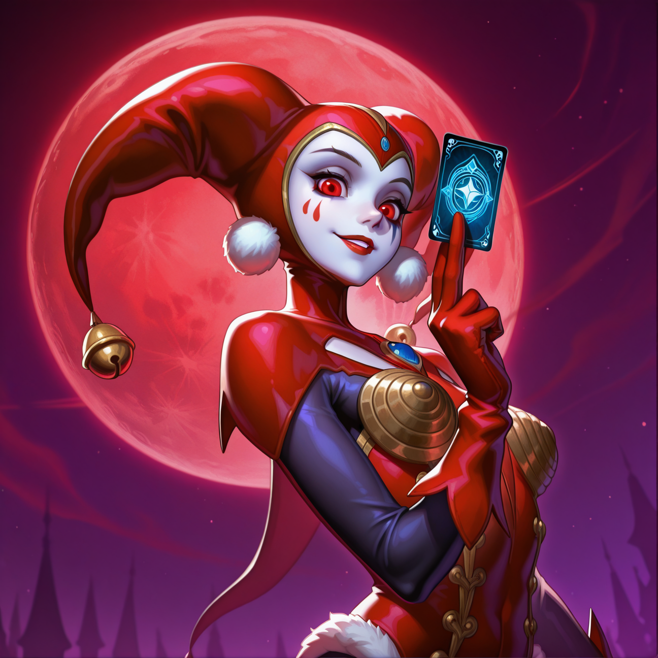 <lora:Hearthstone-ArtStyle:1>, h34rthst0n3-style, masterwork, masterpiece, highres, very aesthetic, absurdres, 8k, uhd, high detailed face, absolutly gorgeous, high detailed eyes, perfect eyes, dynamic light, dynamic angle, ray tracing, <lora:Harle-IL:1>, H4rl3, 1girl, solo, looking at viewer, smile, red eyes, gloves, hat, holding, parted lips, upper body, bell, bodysuit, full moon, red moon, lipstick, pom pom (clothes), red gloves, card, facepaint, red leotard, jester cap, holding card, sky, dark, dark amtosphere, masterpiece, best quality, amazing quality, masterwork, cinematic light, harsh shadows, light and shadows, perfect composition