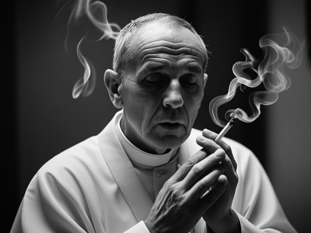 this black and white photo was shot on Kodak Tri-X 400 monochrome film with a Nikon F2 SLR camera and a Nikkor f/1.4 50mm lens, aperture f/1.4, shutter speed 1/60s, ISO 400. In a dimly lit confessional, a priest is depicted with a lustful expression as he sensually draws on his cigarette, the tendrils of smoke swirling and enveloping the room.