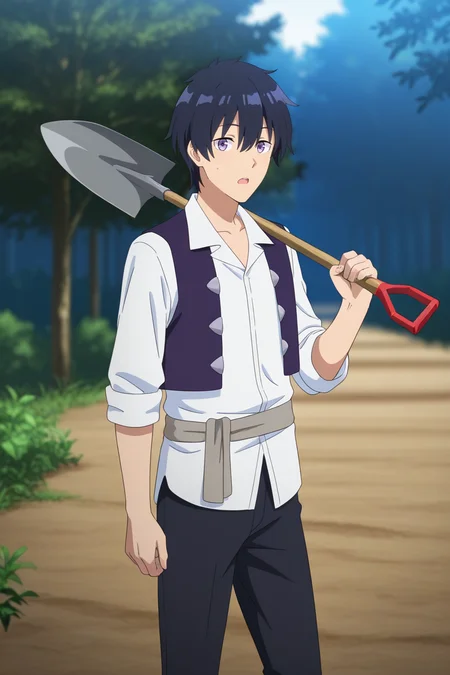 masterpiece, best quality, amazing quality, very aesthetic, high resolution, ultra-detailed, absurdres, newest, scenery, volumetric lighting, depth of field,anime screencap, , , 1boy, solo, male focus, <lora:hikaru:0.90>,hiraku machio,light purple eyes,black hair,short hair,bangs,hair between eyes,looking at viewer, open mouth, shirt,standing, white shirt, outdoors,shovel, pants,vest, black pants, sleeves rolled up, shovel over shoulder