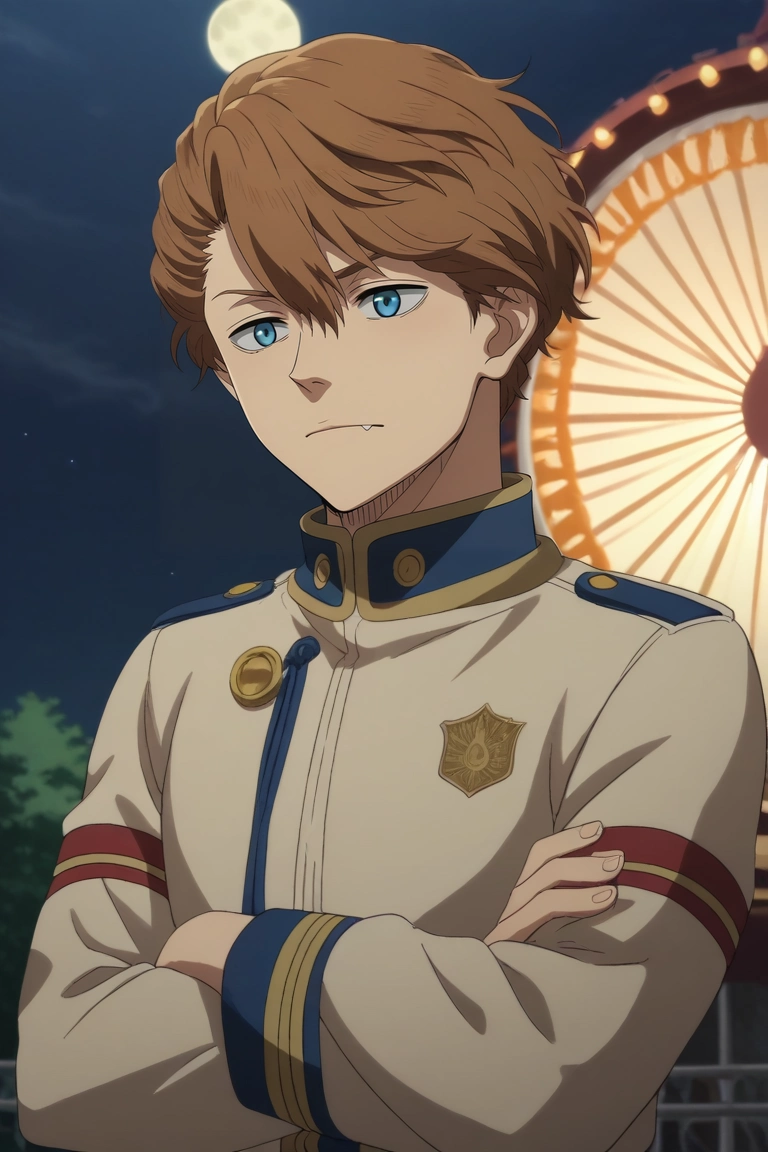 score_9, score_8_up, score_7_up, source_anime, rating_safe, intricate details, semi-realistic, , depth of field, 1boy, solo, male focus, <lora:langris_vaude_pony:0.92>, langris_vaude, brown hair, blue eyes, short hair, hair between eyes, rule of thirds, amusement park, carousel, ferris wheel, night, full moon, crossed arms, skin fang, firefighter costume, <lora:sdxl_lightning_8step_lora:1>