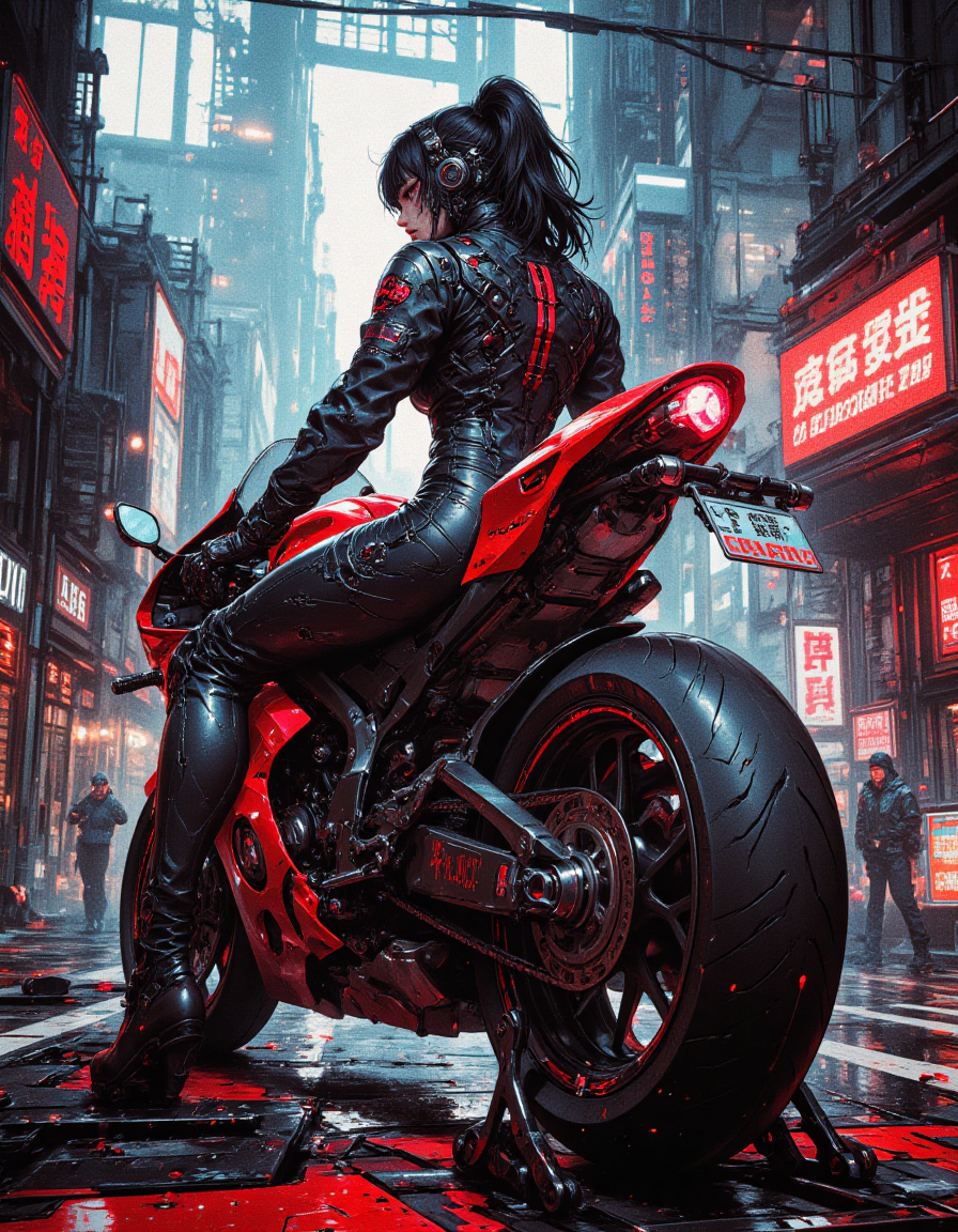 (back viev)Futuristic girl racer in cyberpunk costume sitting on a high-tech sportsbike. Detailed mecha design with metallic elements, aggressive lines of the motorcycle. Anime realism, complex lighting with metallic highlights. Cyberpunk atmosphere with dynamic perspective