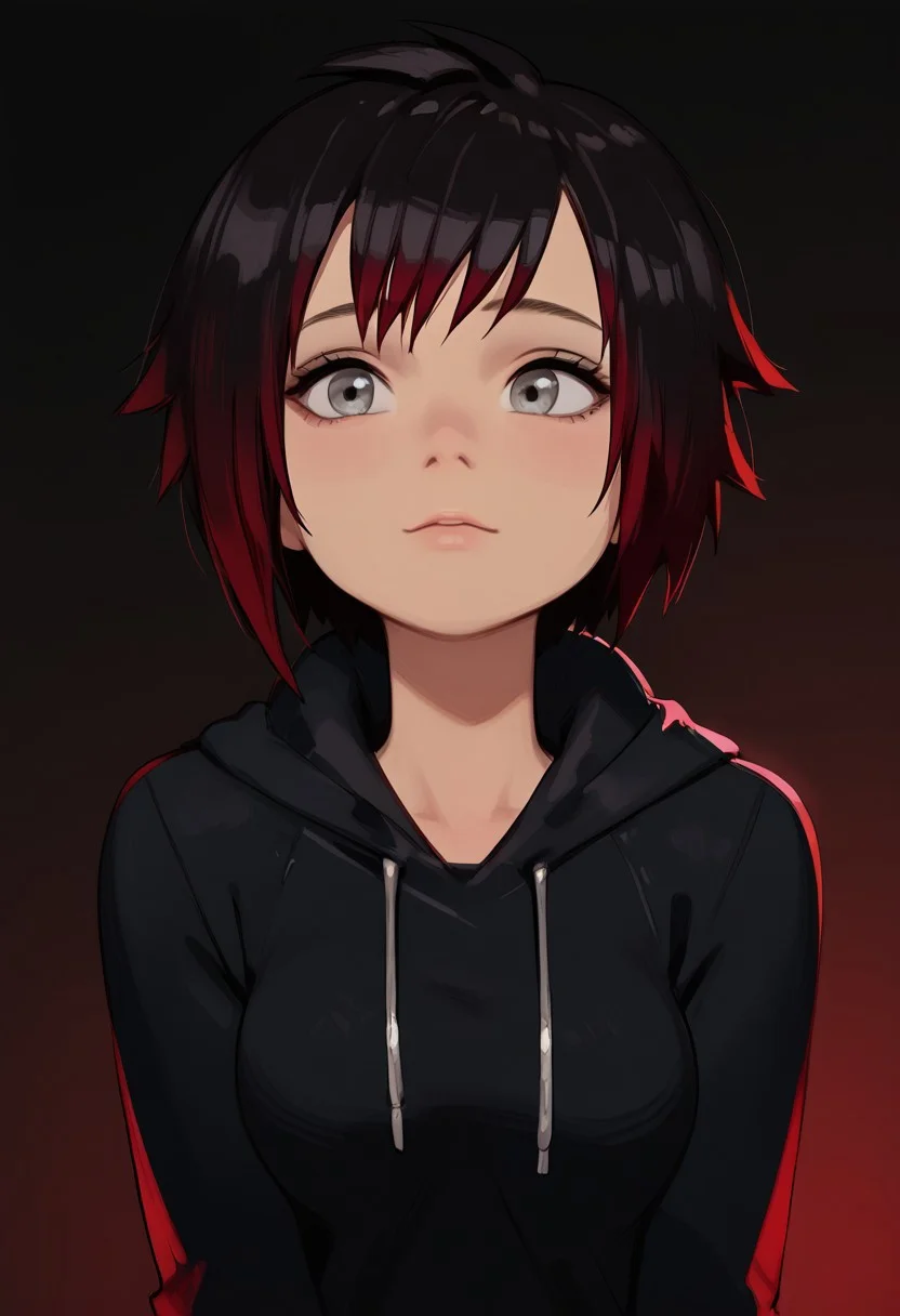 masterpiece,best quality, highly detailed, score_9, score_8_up, score_7_up, score_6_up, score_5_up, score_4_up, Expressiveh, peni parker,Ruby Rose,judgment, cute girl, straight bangs, short, bright silver eyes, black hair, brunette, curvy body, wide hips, thick thighs, short girl, huge round breasts, girl, straight bangs, tomboy hair, black hair, curvy body, big breasts, big ass, bubble butt, wide hips, Ruby wearing a huge hoodie,